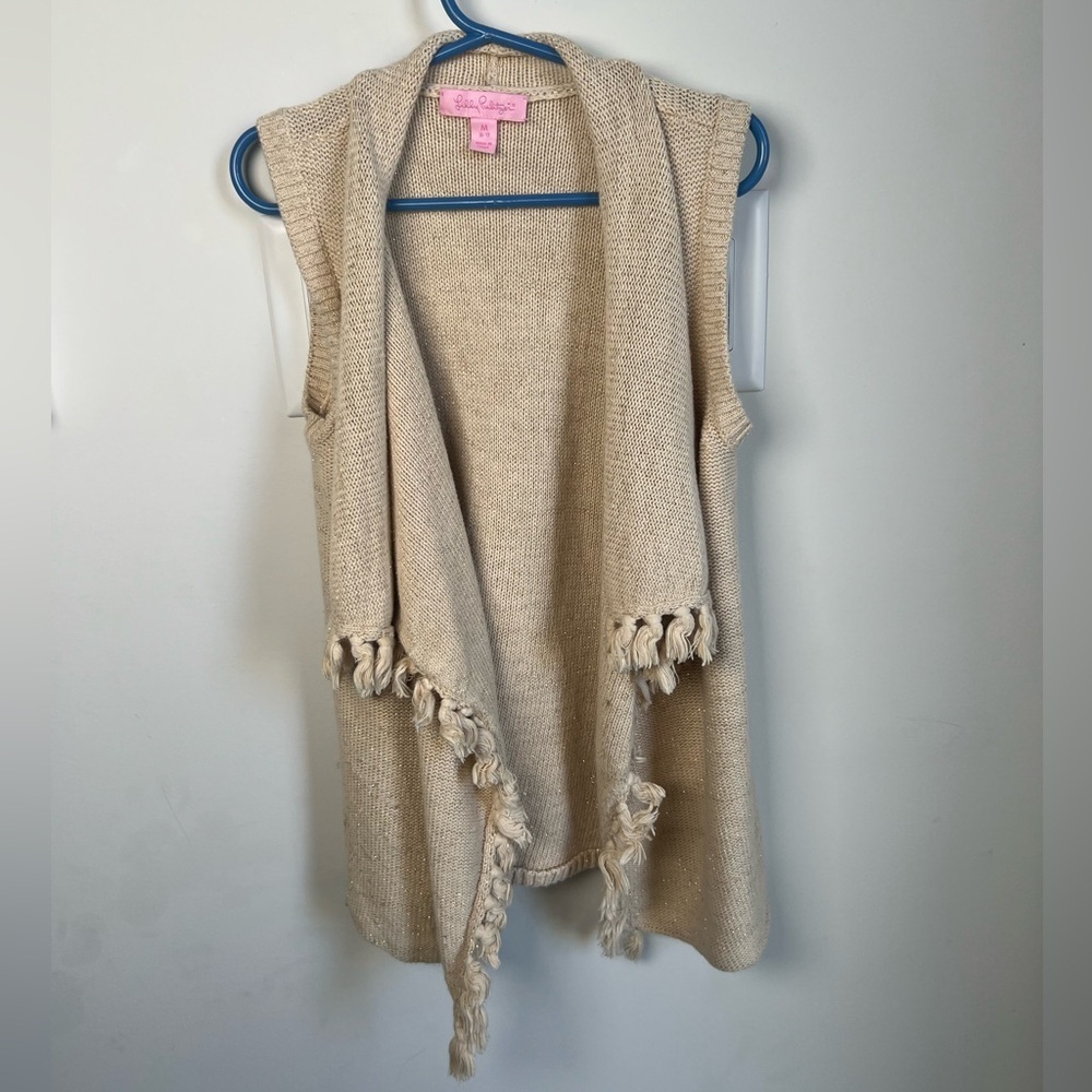 Lilly Pulitzer Girls Mini Abbott Sweater Cardiagan Gold with Fringes Medium